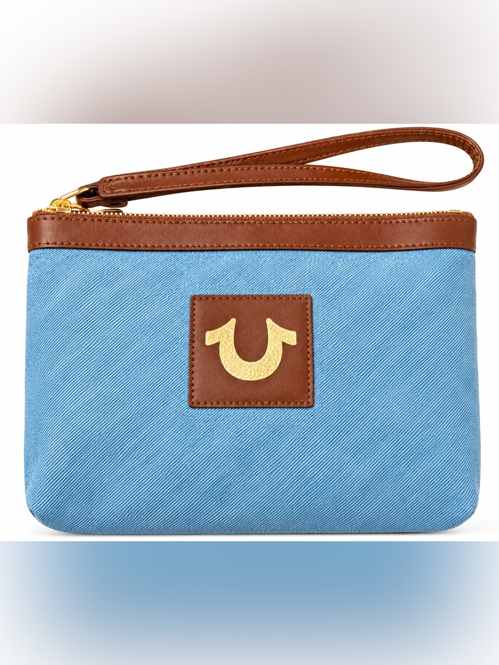 NWT True Religion Denim Toiletry Kit Wristlet Blue Brown Gold Y2K